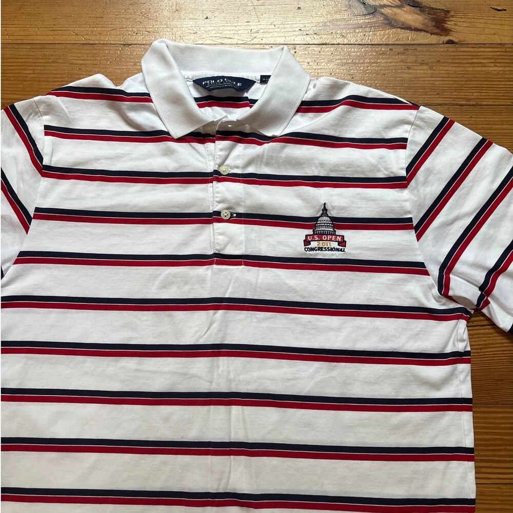 Polo Golf white blue‎ red striped US Open 11' short sleeve polo shirt SIZE L - Picture 2 of 5